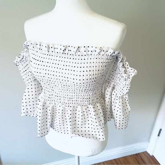Iky & Me Tops - Polka Dot Off Shoulder Flounce Sleeve Crop Top - Size Large